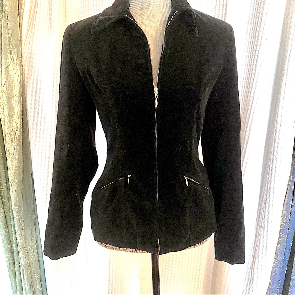 Black Velvet fitted tailored look ladies Jacket- silver zippers- good for petite